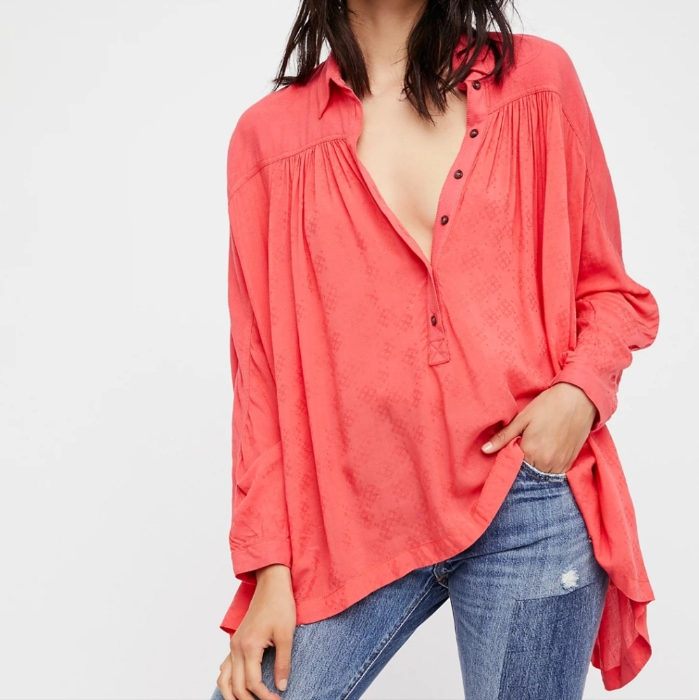 Free People Lovely Day Tunic Blouse Long Sleeve Medium Red Oversize Babydoll